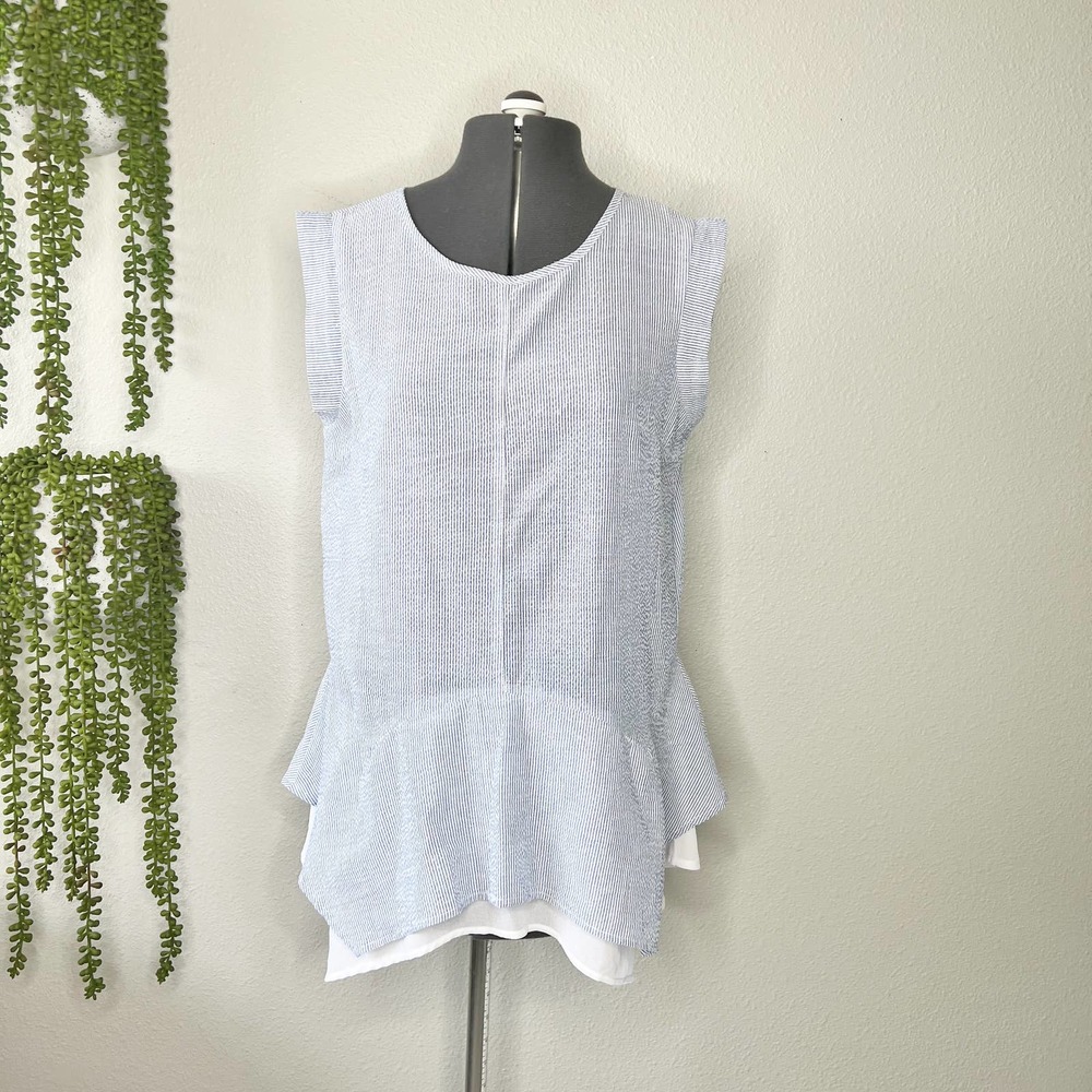 Doe & Rae Blue Striped Ruffle Asymmetrical Sleeveless Top Women's Size Medium M
